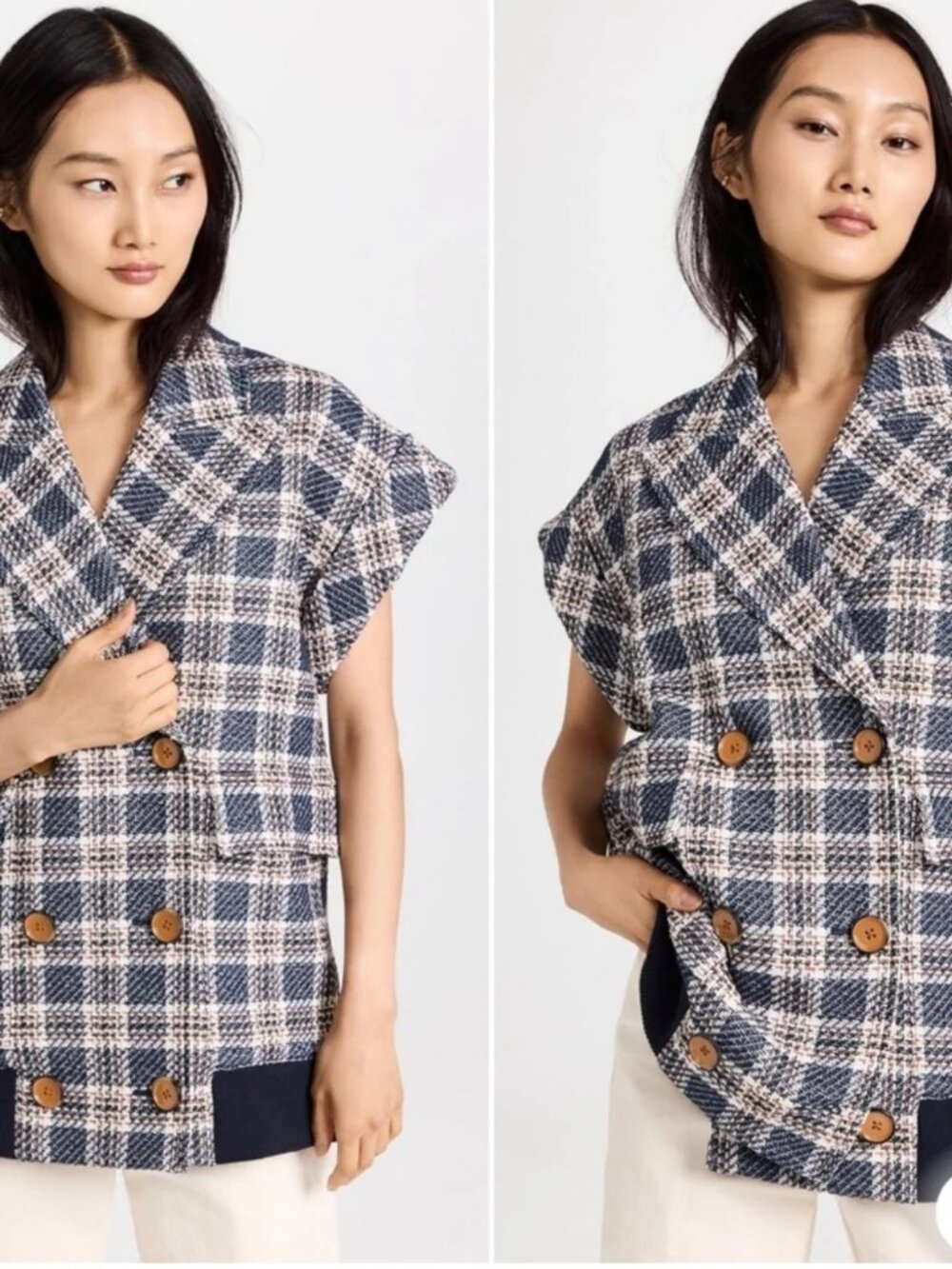 Veronica Beard Enzo Dickey Vest Plaid Tweed Ink Multi Double breasted Oversized